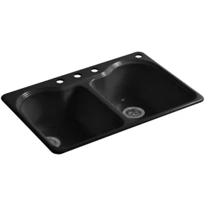 KOHLER Hartland Cast Iron 33 in. 4-Hole Double Bowl Drop-In Kitchen Sink in Black