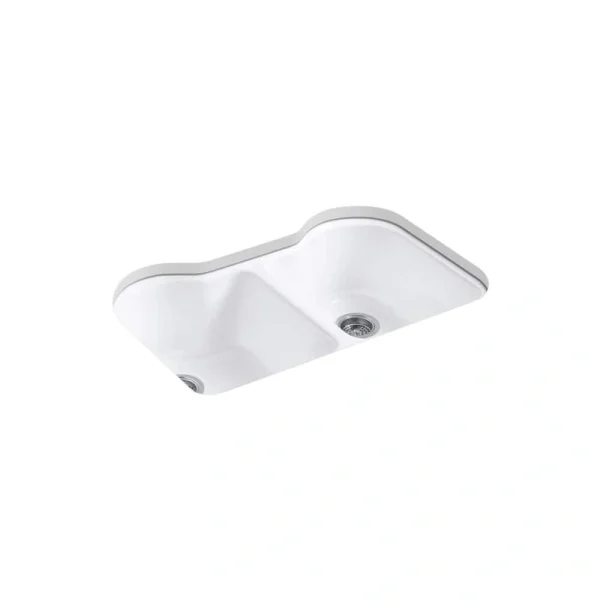 KOHLER Hartland Undermount Cast Iron 33 in. 5-Hole Double Bowl Kitchen Sink in White
