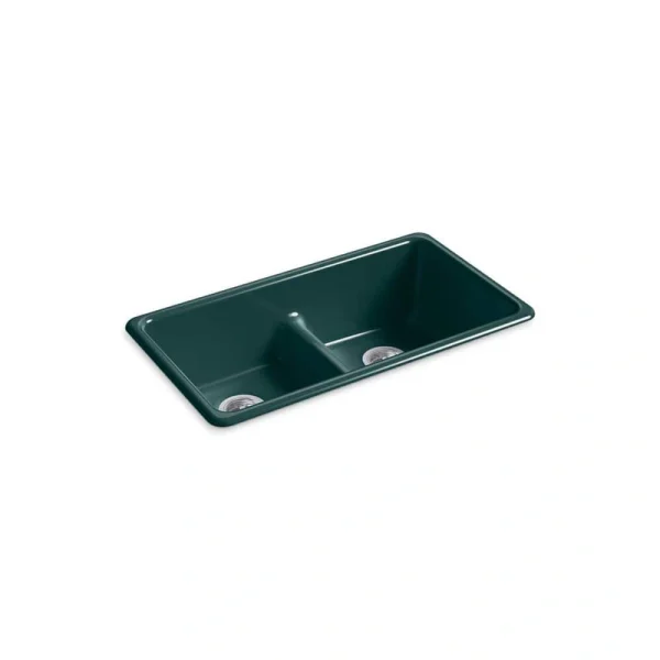 KOHLER Iron/Tones 33 in. Drop-In/Undermount Double Bowl Teal Cast Iron Kitchen Sink