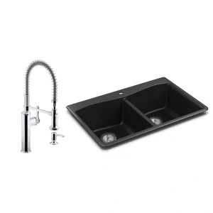 KOHLER Kennon Drop-in/Undermount Granite Composite 33 in. Double Bowl Kitchen Sink with Sous Kitchen Faucet in Matte Black T726938775