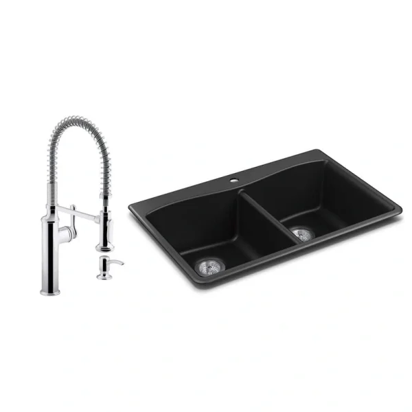 KOHLER Kennon Drop-in/Undermount Granite Composite 33 in. Double Bowl Kitchen Sink with Sous Kitchen Faucet in Matte Black T726938775