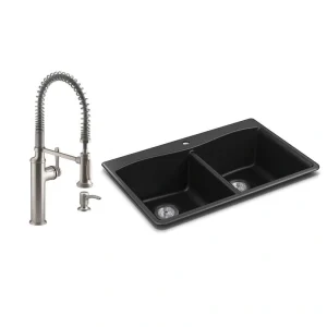 KOHLER Kennon Drop-in/Undermount Granite Composite 33 in. Double Bowl Kitchen Sink with Sous Kitchen Faucet in Matte Black T726939415