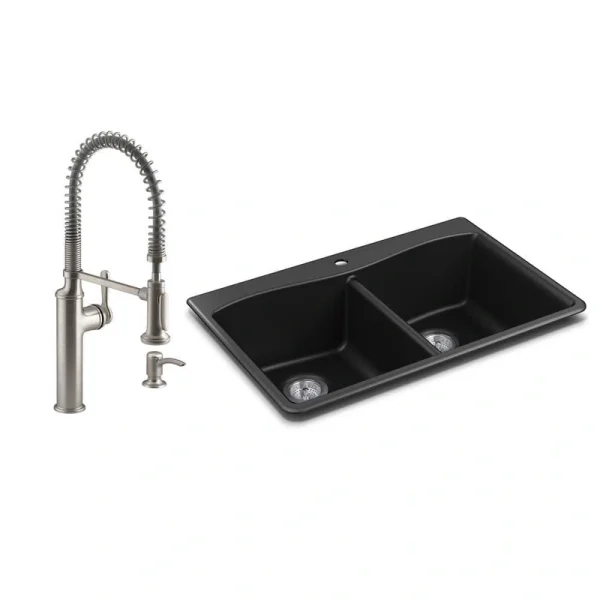 KOHLER Kennon Drop-in/Undermount Granite Composite 33 in. Double Bowl Kitchen Sink with Sous Kitchen Faucet in Matte Black T726939415