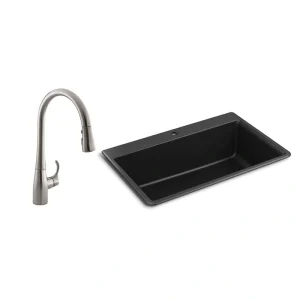 KOHLER Kennon Drop-in/Undermount Granite Composite 33 in. Single Bowl Kitchen Sink with Bellera Kitchen Faucet in Matte Black