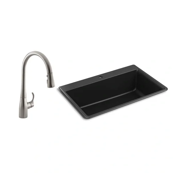 KOHLER Kennon Drop-in/Undermount Granite Composite 33 in. Single Bowl Kitchen Sink with Bellera Kitchen Faucet in Matte Black