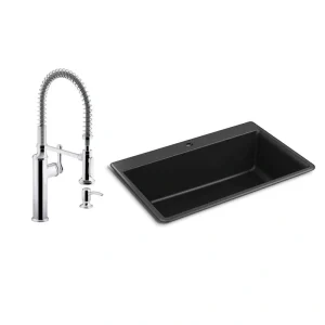 KOHLER Kennon Drop-in/Undermount Granite Composite 33 in. Single Bowl Kitchen Sink with Sous Kitchen Faucet in Matte Black T726938589