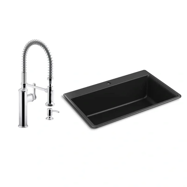 KOHLER Kennon Drop-in/Undermount Granite Composite 33 in. Single Bowl Kitchen Sink with Sous Kitchen Faucet in Matte Black T726938589