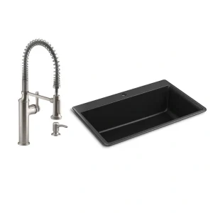 KOHLER Kennon Drop-in/Undermount Granite Composite 33 in. Single Bowl Kitchen Sink with Sous Kitchen Faucet in Matte Black T726938886