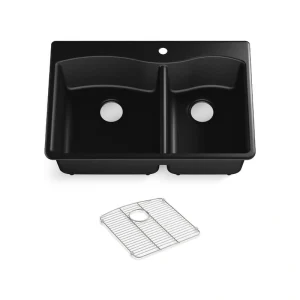 KOHLER Kennon Drop-In/Undermount Neoroc Granite Composite 33 in. 1-Hole Double Bowl Kitchen Sink in Matte Black with Basin Rack