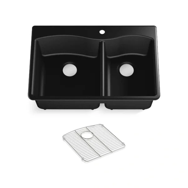KOHLER Kennon Drop-In/Undermount Neoroc Granite Composite 33 in. 1-Hole Double Bowl Kitchen Sink in Matte Black with Basin Rack