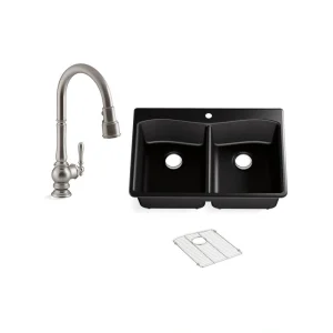 KOHLER Kennon Drop-in/Undermount Neoroc Granite Composite 33 in. Double Bowl Kitchen Sink with Artifacts Faucet in Matte Black