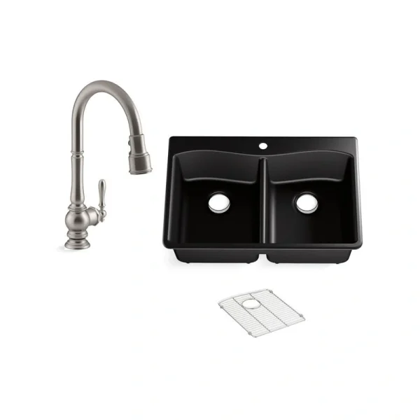 KOHLER Kennon Drop-in/Undermount Neoroc Granite Composite 33 in. Double Bowl Kitchen Sink with Artifacts Faucet in Matte Black