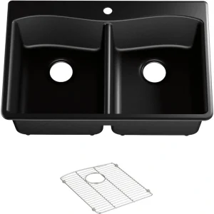 KOHLER Kennon Dual Mount Neoroc Granite Composite 33 in. 1-Hole Double Bowl Kitchen Sink in Matte Black with Basin Rack