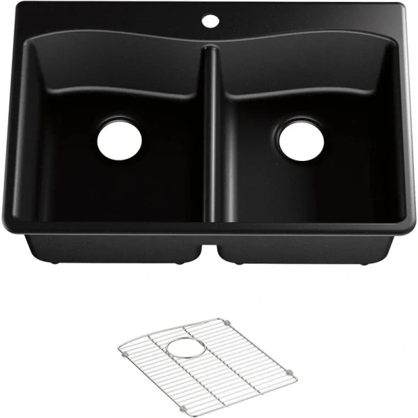 KOHLER Kennon Dual Mount Neoroc Granite Composite 33 in. 1-Hole Double Bowl Kitchen Sink in Matte Black with Basin Rack