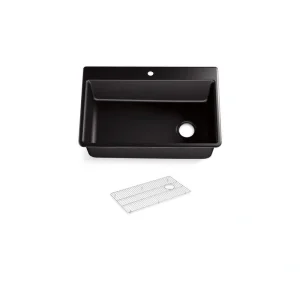 KOHLER Kennon Dual Mount Neoroc Granite Composite 33 in. 1-Hole Single Bowl Kitchen Sink in Matte Black with Basin Rack