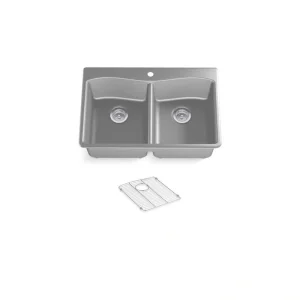 KOHLER Kennon Matte Grey Solid Surface 33 in. Double Bowl Undermount Kitchen Sink T726938986