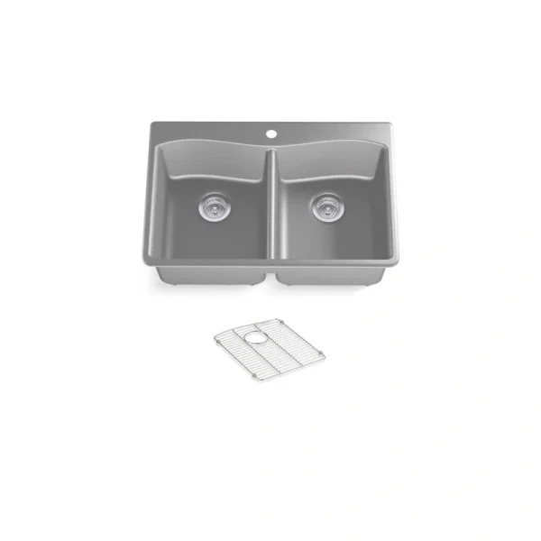 KOHLER Kennon Matte Grey Solid Surface 33 in. Double Bowl Undermount Kitchen Sink T726938986