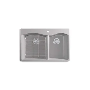 KOHLER Kennon Matte Grey Solid Surface 33 in. Double Bowl Undermount Kitchen Sink T726939190
