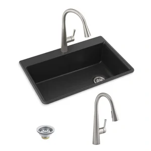 KOHLER Kennon Neoroc Granite Composite 33 in. Single Bowl Drop-In/Undermount Kitchen Sink With Faucet in Matte Black
