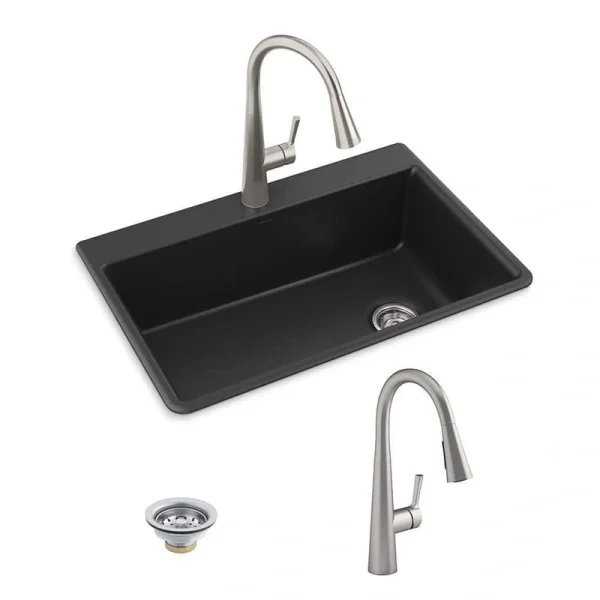 KOHLER Kennon Neoroc Granite Composite 33 in. Single Bowl Drop-In/Undermount Kitchen Sink With Faucet in Matte Black