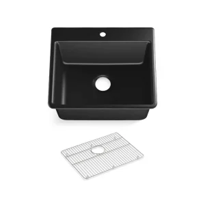 KOHLER Kennon Top-Mount/Undermount Neoroc Granite Composite 25 in. Single Bowl Kitchen Sink in Matte Black with Basin Rack