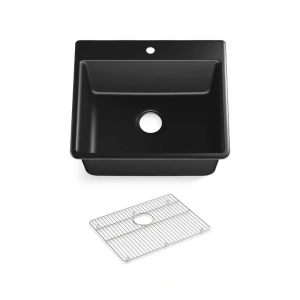 KOHLER Kennon Top-Mount/Undermount Neoroc Granite Composite 25 in. Single Bowl Kitchen Sink in Matte Black with Basin Rack