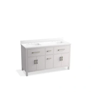 KOHLER Kresla 61in. Double Sink Freestanding Atmos Grey Bath Vanity with White Quartz Top Assembled