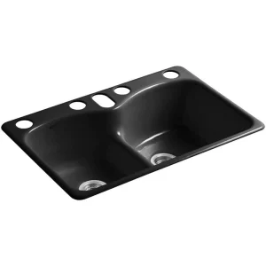 KOHLER Langlade Smart Divide Undermount Cast-Iron 33 in. 6-Hole Double Bowl Kitchen Sink in Black Black