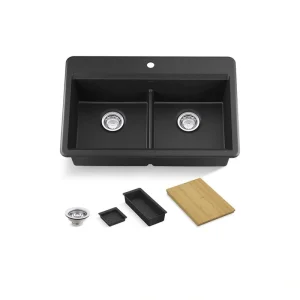 KOHLER Lassen 33 in. Drop-in/Undermount Double Bowl Granite Composite Kitchen Workstation Sink in Matte Black with Accessories