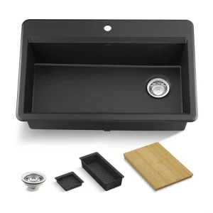 KOHLER Lassen 33 in. Drop-in/Undermount Single Bowl Granite Composite Kitchen Workstation Sink in Matte Black with Accessories