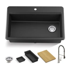 KOHLER Lassen 33 in. Drop-in/Undermount Single Bowl Granite Composite Kitchen Workstation Sink in Matte Black with Faucet