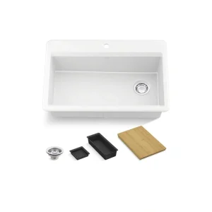 KOHLER Lassen 33 in. Drop-in/Undermount Single Bowl Granite Composite Kitchen Workstation Sink in Matte White with Accessories
