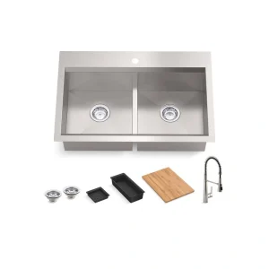 KOHLER Lassen 33 in. Drop-in/Undermount Single Bowl Stainless Steel Kitchen Sink Workstation with Faucet and Accessories