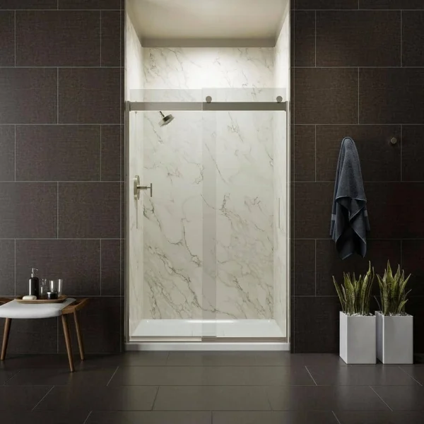 KOHLER Levity 45-48 in. W x 74 in. H Frameless Sliding Shower Door in Nickel with Blade Handles
