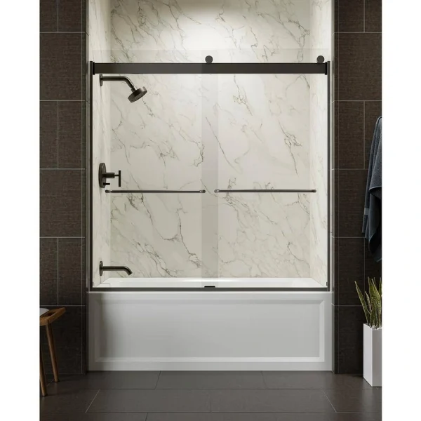 KOHLER Levity 54-57 in. W x 60 in. H Frameless Sliding Tub Door in Anodized Dark Bronze with 1/4 in. Crystal Clear Glass