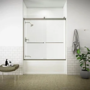 KOHLER Levity 54-57 in. W x 60 in. H Semi-Frameless Sliding Tub Door in Nickel with 1/4 in. Thick Frosted Glass and Towel Bar