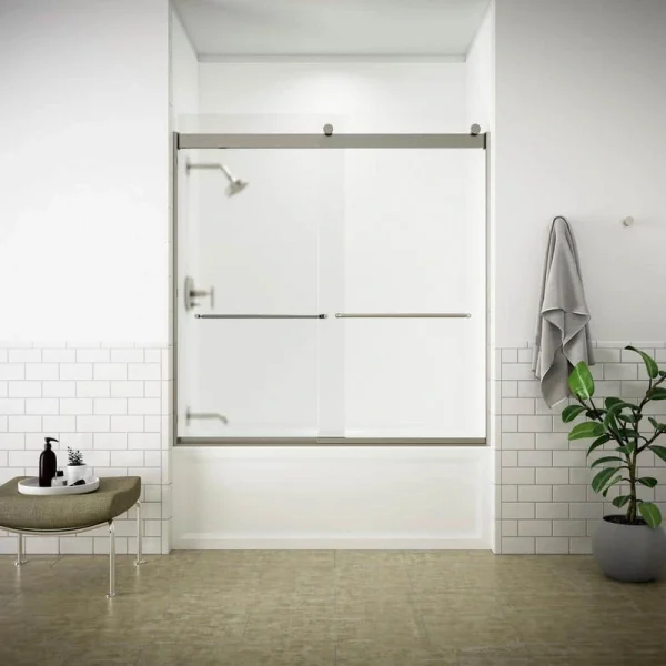 KOHLER Levity 54-57 in. W x 60 in. H Semi-Frameless Sliding Tub Door in Nickel with 1/4 in. Thick Frosted Glass and Towel Bar