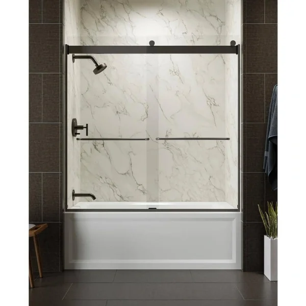 KOHLER Levity 56-60 in. W x 60 in. H Frameless Sliding Tub Door with Towel Bars in Anodized Dark Bronze