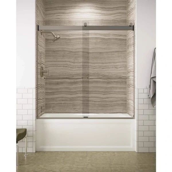 KOHLER Levity 56-60 in. W x 60 in. H Semi-Frameless Sliding Tub Door in Nickel with 1/4 in. Crystal Clear Glass