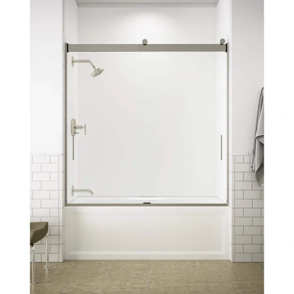 KOHLER Levity 56-60 in. W x 62 in. H Semi-Frameless Sliding Tub Door in Nickel with Blade Handles