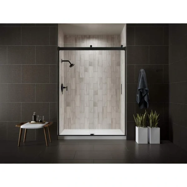 KOHLER Levity 57-60 in. W x 74 in. H Frameless Sliding Shower Door in Anodized Dark Bronze with 5/16 in. Crytal Clear Glass