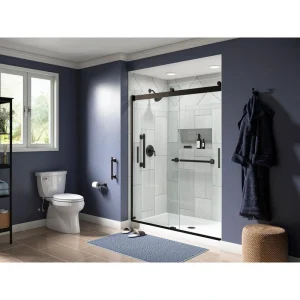 KOHLER Levity 57-60 in. W x 74 in. H Frameless Sliding Shower Door in Anodized Dark Bronze with Blade Handles