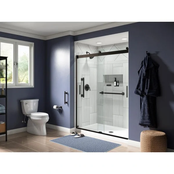 KOHLER Levity 57-60 in. W x 74 in. H Frameless Sliding Shower Door in Anodized Dark Bronze with Blade Handles