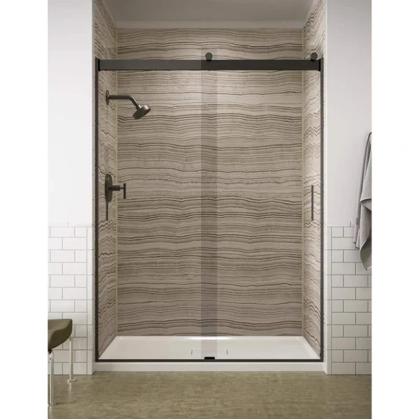 KOHLER Levity 57-60 in. W x 82 in. H Frameless Sliding Shower Door in Anodized Dark Bronze with 5/15 in. Crystal Clear Glass