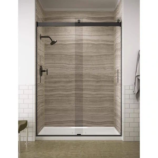 KOHLER Levity 57-60 in. W x 82 in. H Frameless Sliding Shower Door in Anodized Dark Bronze with Blade Handles