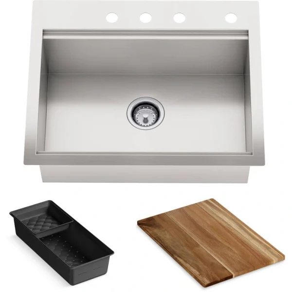 KOHLER Lyric 27 in. Stainless Steel 18 Gauge Drop in/Undermount Workstation Single Bowl Kitchen Sink with Accessories