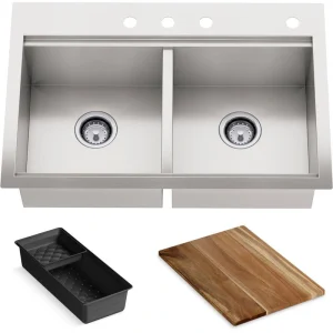 KOHLER Lyric 33 in. Stainless Steel 18 Gauge Drop in/Undermount Workstation Double Bowl Kitchen Sink with Accessories
