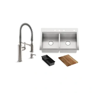 KOHLER Lyric 33 in. Stainless Steel 18 Gauge Drop in/Undermount Workstation Double Bowl Kitchen Sink with Semi Pro Faucet