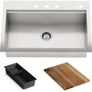 KOHLER Lyric 33 in. Stainless Steel 18 Gauge Drop in/Undermount Workstation Single Bowl Kitchen Sink with Accessories