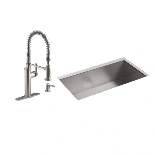 KOHLER Lyric 33 in. Stainless Steel 18 Gauge Undermount Single Bowl Kitchen Sink with Sous Semi Pro Faucet